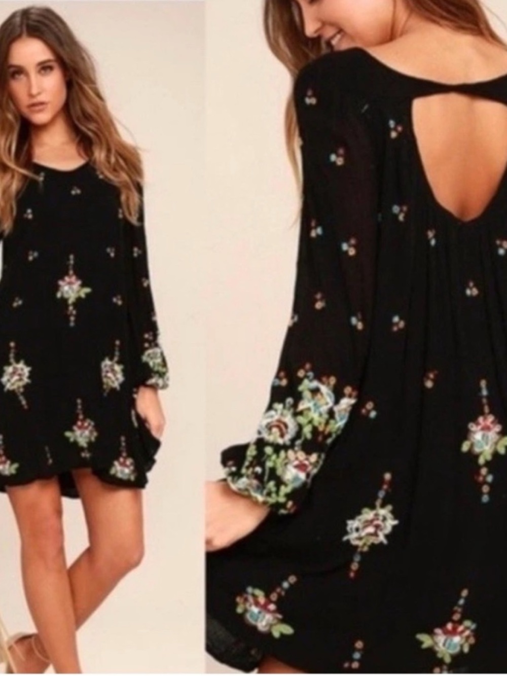 Free People Embroidered Black Dress with Colorful Floral Details